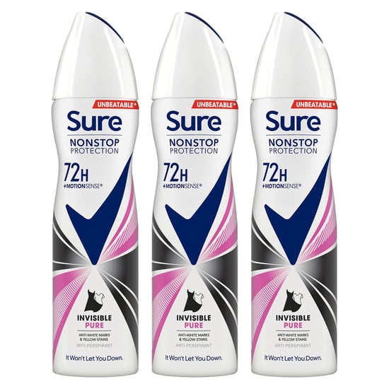 Sure Women Anti-Perspirant 72H Nonstop Protection Deo Invisible Pure 150ml, 3pk