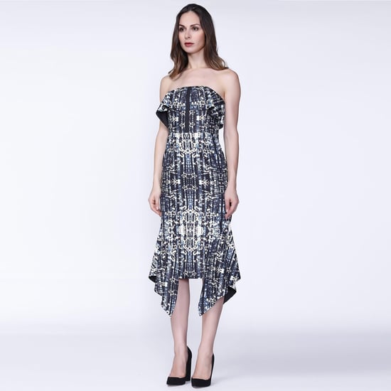 Gedrukte cocktailjurk, met bustier gesneden aangepast met buste en Baskische ruches - Image 1