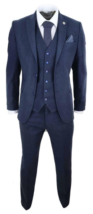 Mens 3 Piece Navy Blue Wool Tweed Vintage Retro Suit