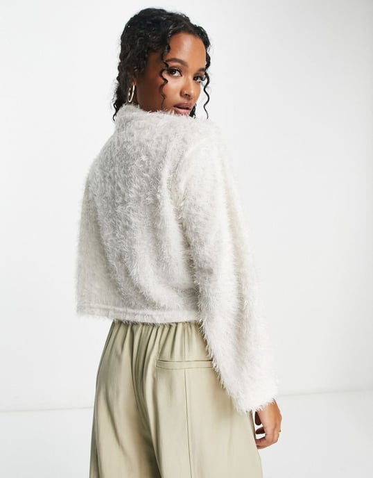 Pieces Petite exclusive high neck fluffy jumper in white