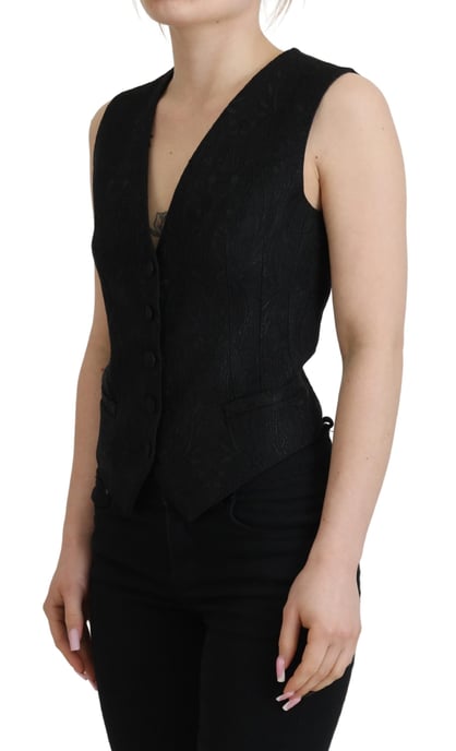 Dolce & Gabbana Dames Zwarte Brokaat Button-Down Mouwloze Vest Top - Image 2