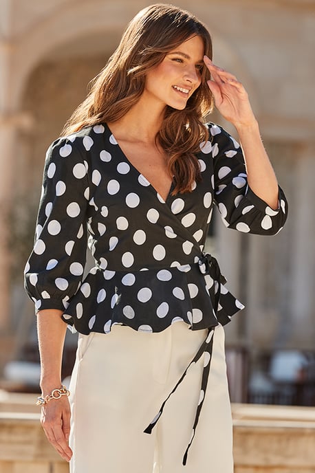 Black & White Spot Print Peplum Hem Wrap Top
