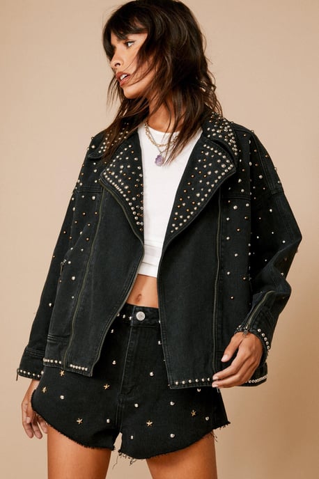Premium Embellished Studded Denim Biker Jacket - Image 1