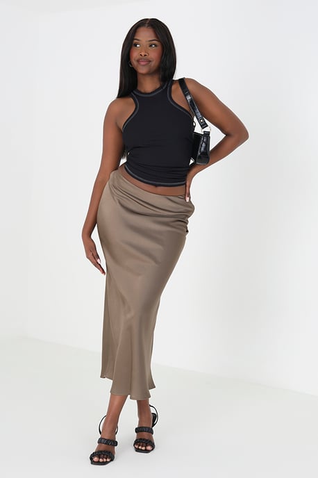 Khaki 'Jayden' Satin Bias Cut Midi Skirt