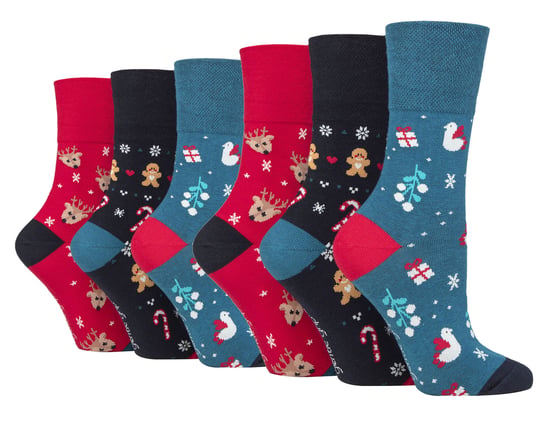 6 Paar Dames Kerstsokken | Gentle Grip | Womens NieuwigheidDesign Xmas Gift Sokken - Blauw / Rood / Grijs - Image 1