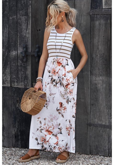 Dames Bloemenprint Mouwloze Maxi Jurk met Zak in Wit - Image 3