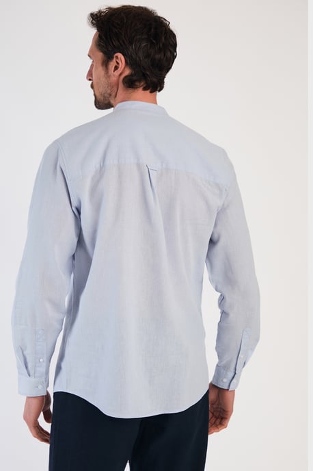 Blue Linen Blend Long Sleeve Button-Up Shirt With Grandad Collar