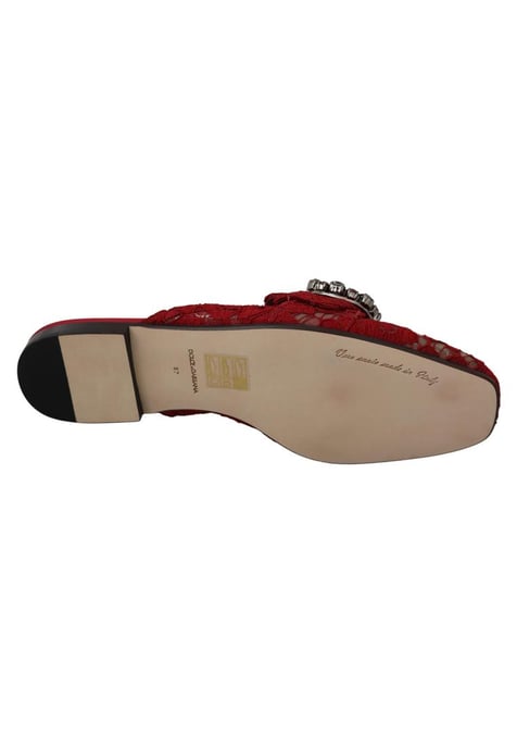 Dolce & Gabbana Women's Red Lace Crystal Slide On Flats Shoes
