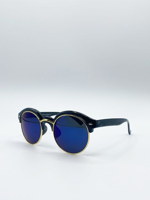 Black Round Sunglasses with Blue Revo Lenses and Gold Detail
