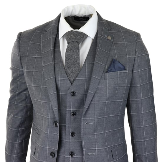 Heren Grijs Pak 3-delig Geruit Vintage Retro Slim Fit Trouwpak Klassiek - Image 3