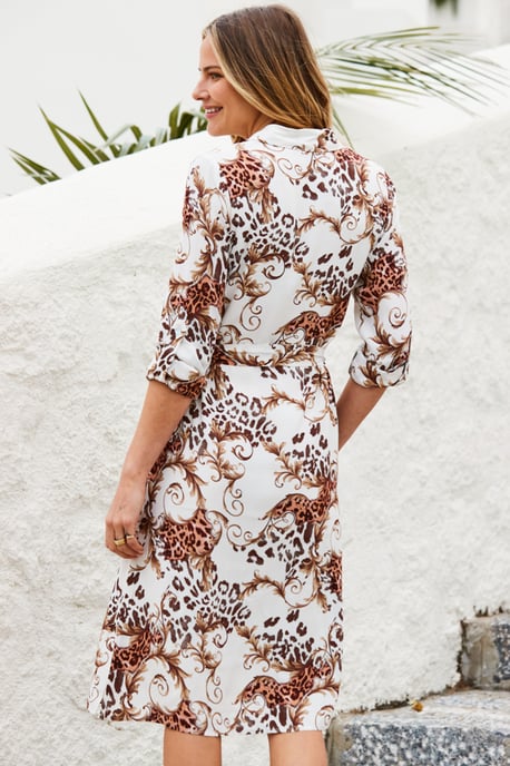 Ivory Multi Print Belted Shirt Dress