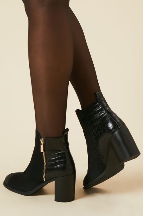 Melrose Mixed Material Side Zip Block High Heel Ankle Boot