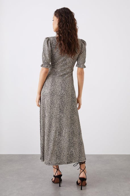 Petite Camel Spot V Neck Midi Dress