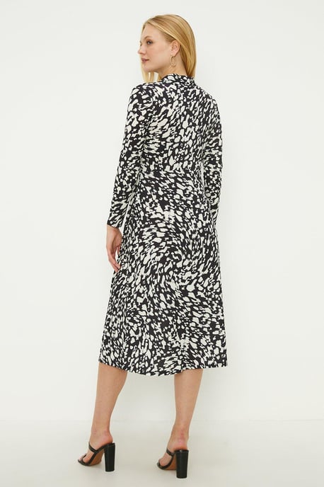 Petite Mono Print Ruched Waist Midi Shirt Dress