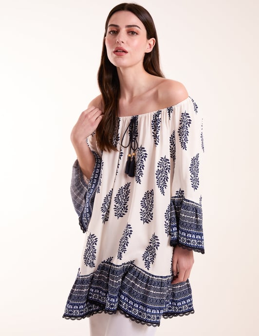 Mix Print Bardot Blouse With Tassel