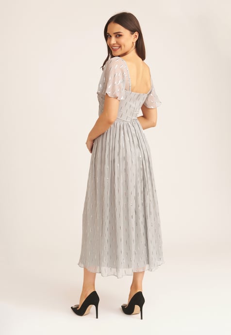 Jacquard Metallic Angel Sleeves Midi Dress