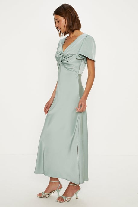 Satin Twist Front Angel Sleeve Midi Bridesmaids Dress - Image 1