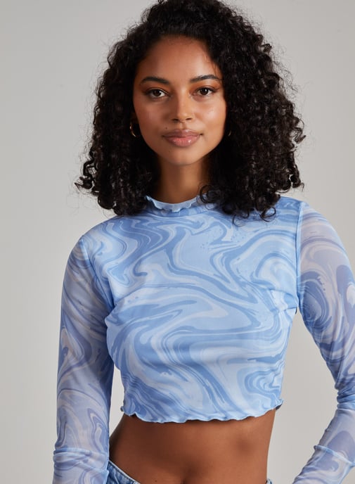 Marble Swirl Long Sleeve Mesh Crop Top