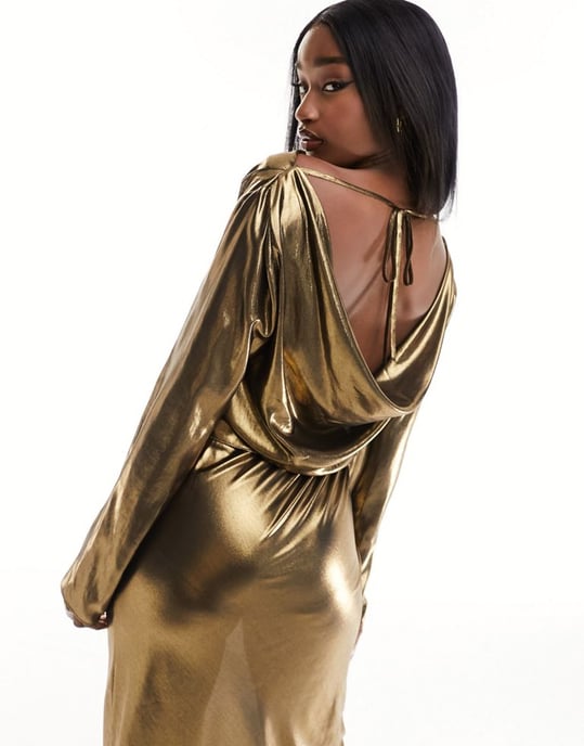 ASOS DESIGN sheer metallic cowl back blouse co-ord in gold