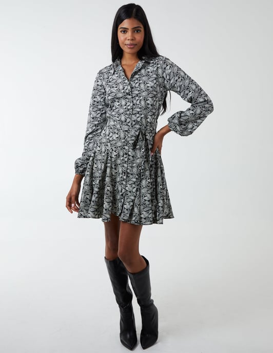 Shirt Mini Dress With Godet Hem & Tie