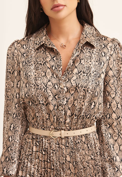 Beige geplooide overhemdjurk met slangenprint en riem - Image 2