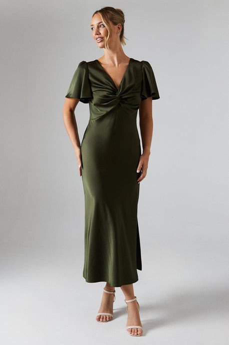 Satin Twist Front Angel Sleeve Midi Bridesmaids Dress