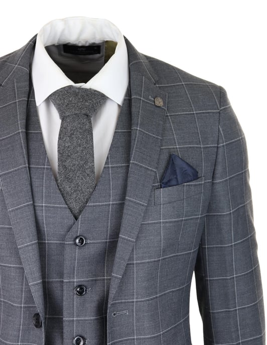 Heren Grijs Pak 3-delig Geruit Vintage Retro Slim Fit Trouwpak Klassiek - Image 5