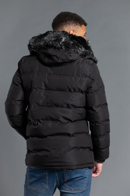 Black Longline Hooded Padded Jacket With Faux Fur Hood