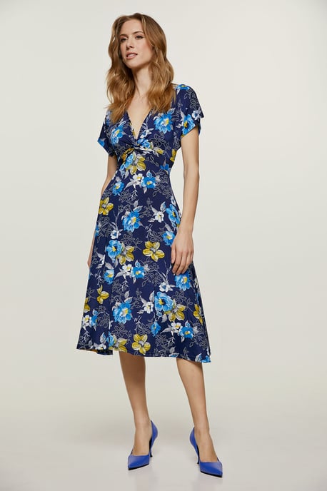 Print Navy Knot Detail Midi Dress