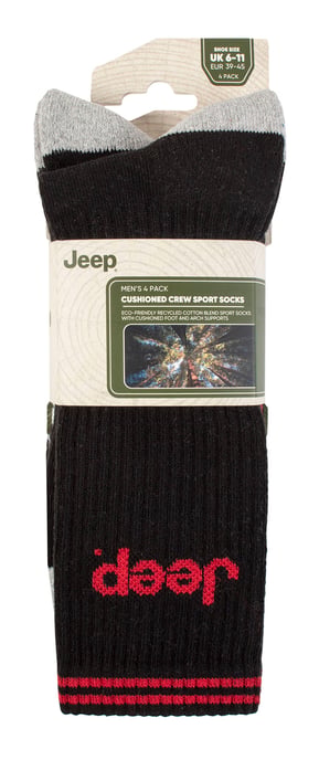 Heren Sport Crew Sokken | Jeep | 4-Pack Katoenen Hardloopsokken met Verstevigde Hiel en Teen - Zwart - Image 2