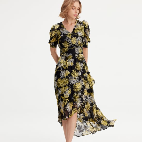 Linear Flower Print Plunging Hem Dress