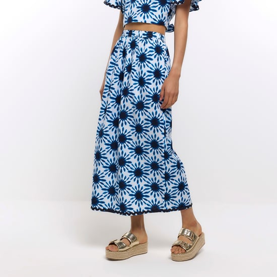 River Island Womens Maxi Skirt Blue Print With Linen