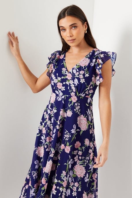 Petite Ruffle Shoulder Midi Dress