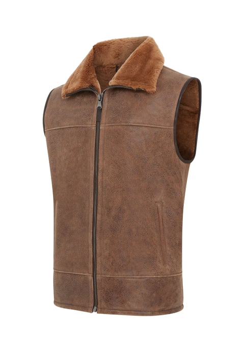 Mens Brown Aviator Shearling Bomber Gilet - Ambler
