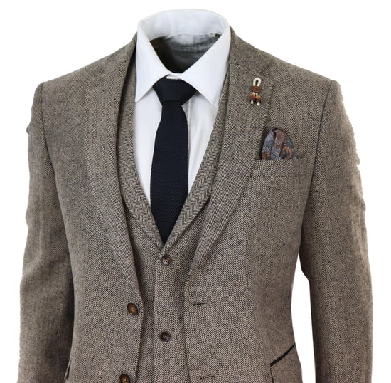 Heren Eikenbruin 3-delige Tweed Kostuum Vintage Haringbeen 1920s Retro Peaky Blinders - Image 3