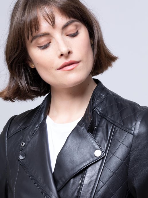 Penny Quilted Leather Biker Jacket in Black