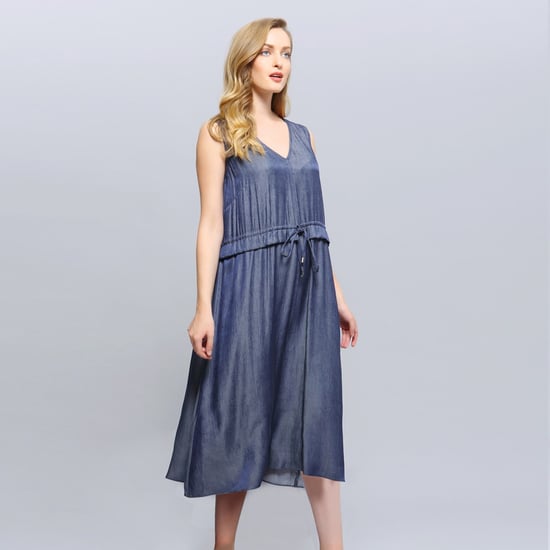 V-neckline Adjustable Waist Midi Dress