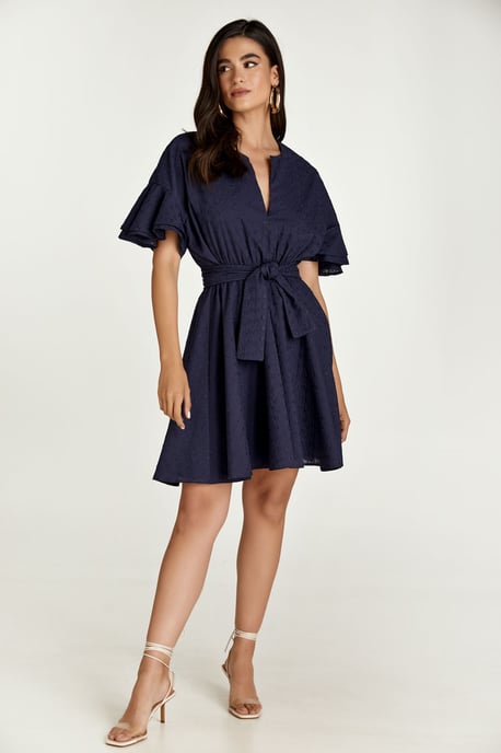 Dark Blue Embroidered Dress with Ruffle Sleeves