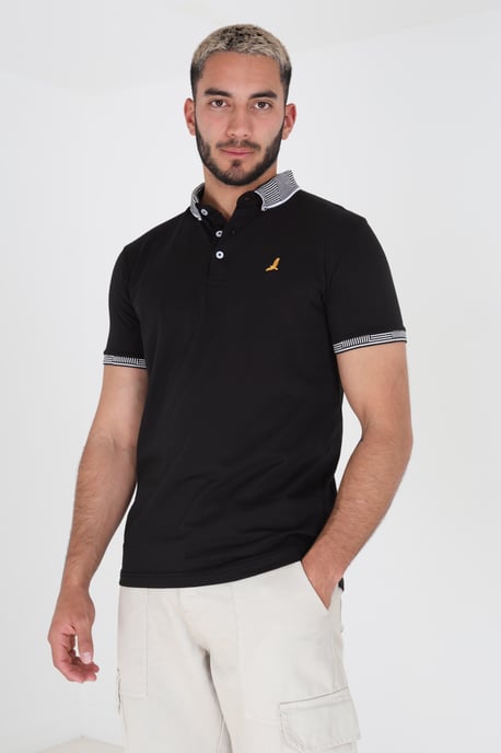 Black 'Glover' Short Sleeve Jacquard Collar Jersey Polo Shirt