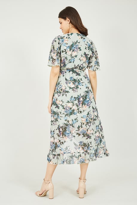 Mela Sage Green Floral Wrap Front Midi Dress