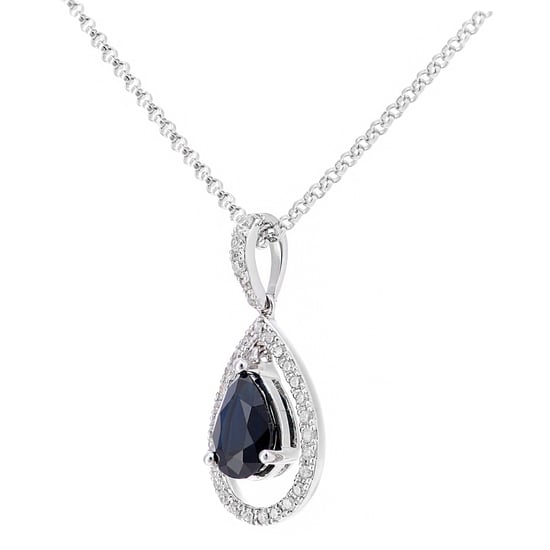 18kt witgouden ketting met druppelvormige hanger van saffier en diamant - Image 2