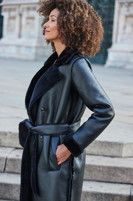 Black Premium Faux Shearling Trench Coat
