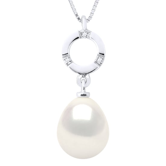 Necklace Jewelry Diamond 0.01Cts White Gold and Real Cultured Freshwater Pearl Pear 9-10 mm