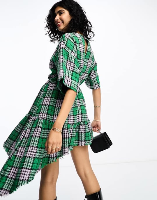 ASOS DESIGN boucle mini smock dress with frayed hem in green check-Multi