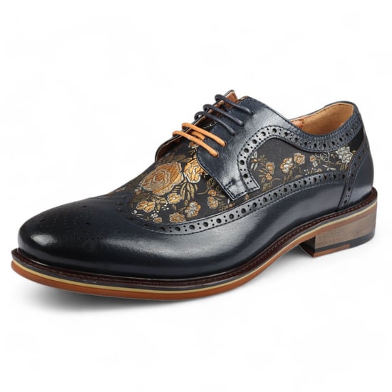 Justin Reess Heren Navy Blauw Leren Bloemenprint Brogue Dresschoenen - Ross - Image 4