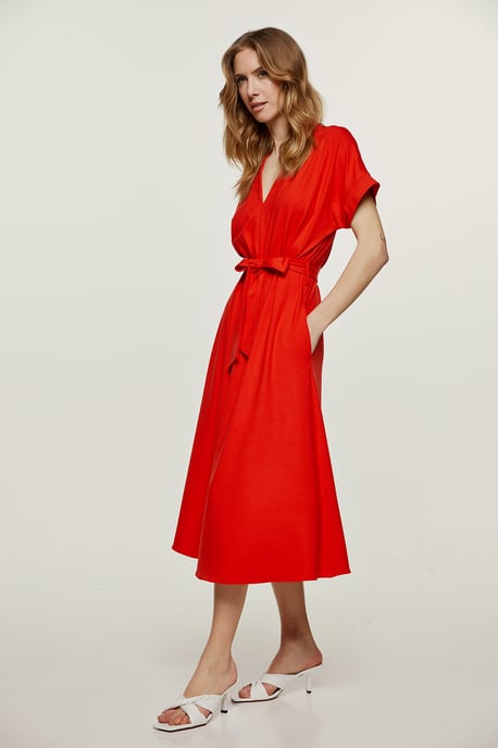 Red Jersey Belted Midi Dress