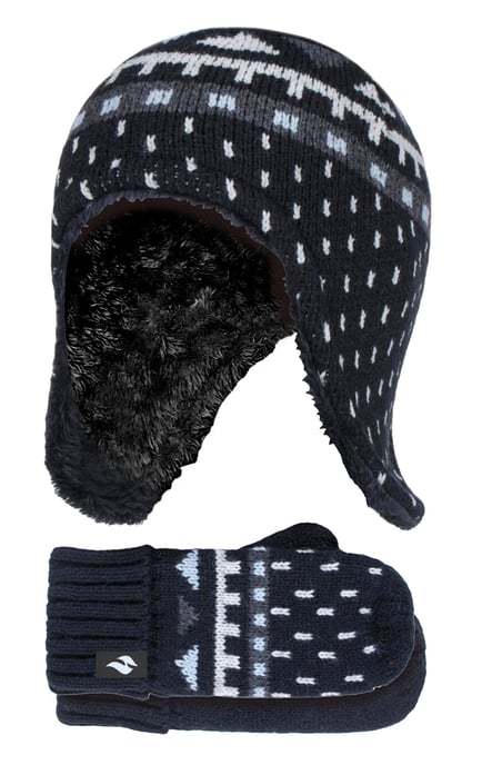 Heat Holders Jongens Nepbont Pom Pom Muts & Wanten - Zwart - Image 1