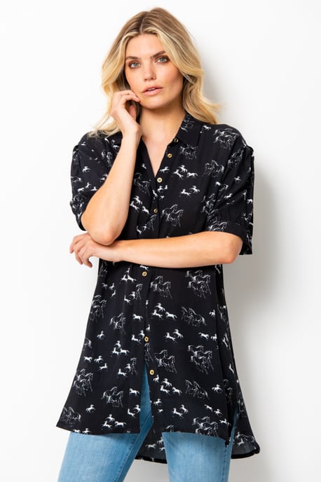 Black & White Horse Print Long Line Shirt