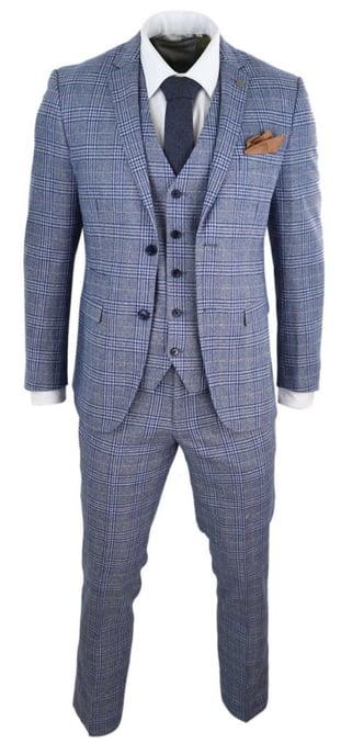Heren 3-delige Blauw Grijze Tweed Check Vintage Retro Pak - Image 5