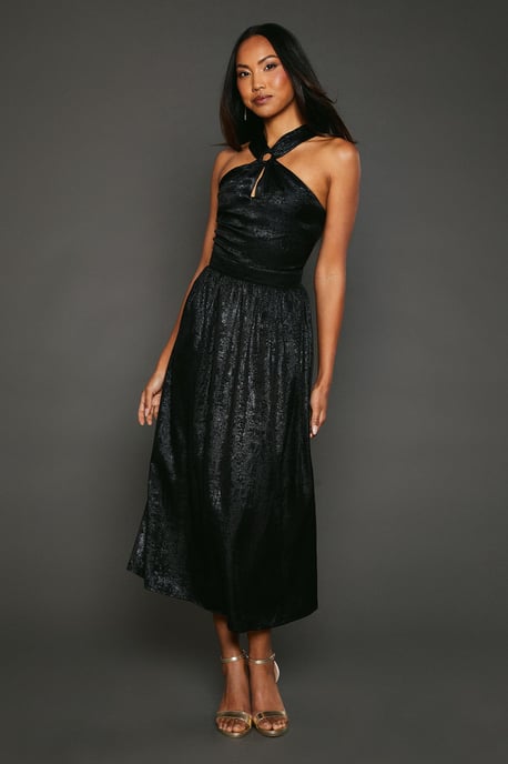 Metallic Halter Neck Midi Dress